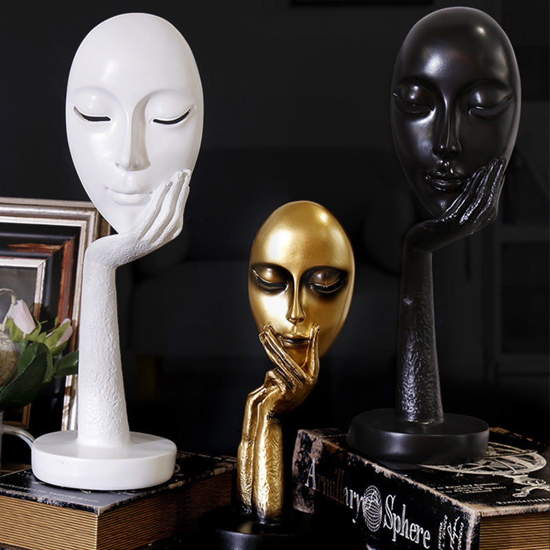 Figurine de masque de femme pensante d'art abstrait nordique Statue en résine Meuble TV de bureau Décoration de maison Artisanat