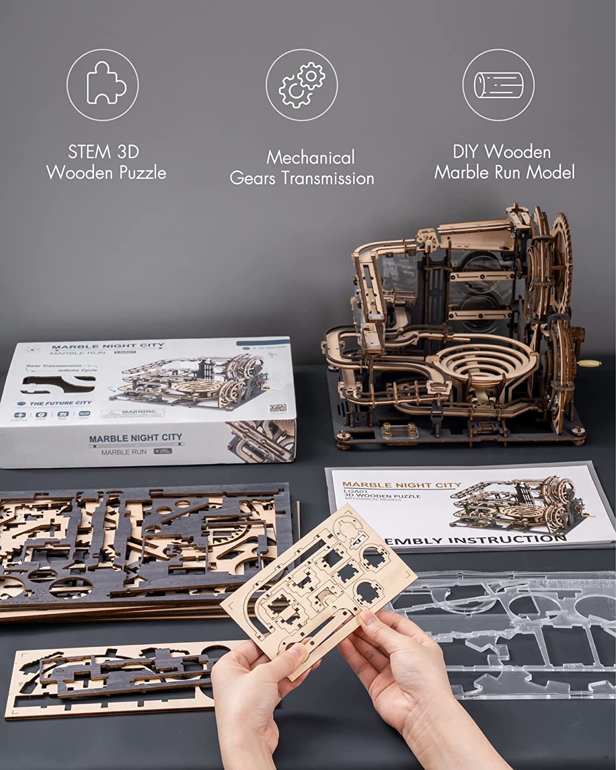 Robotime ROKR Marble Night City 3D-Holzpuzzle-Spiele Montage Wasserradmodell Spielzeug für Kinder