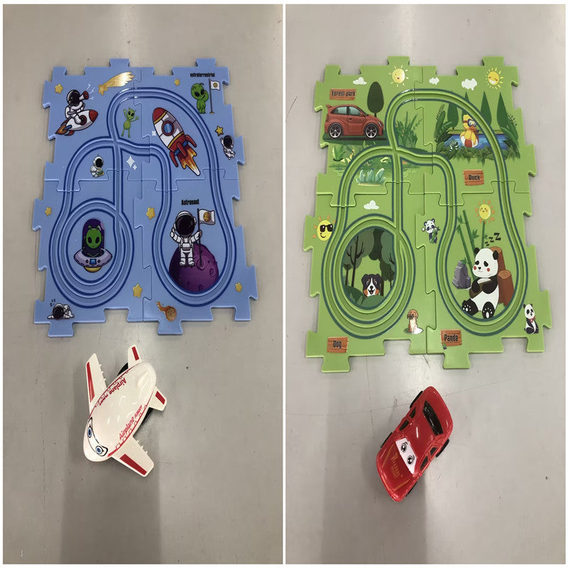 Kinder Puzzle Elektrische Eisenbahn Speeder DIY Montage Elektrische Auto Automatische Schiene Stadt Szene Bau Bildung Spielzeug Geschenk