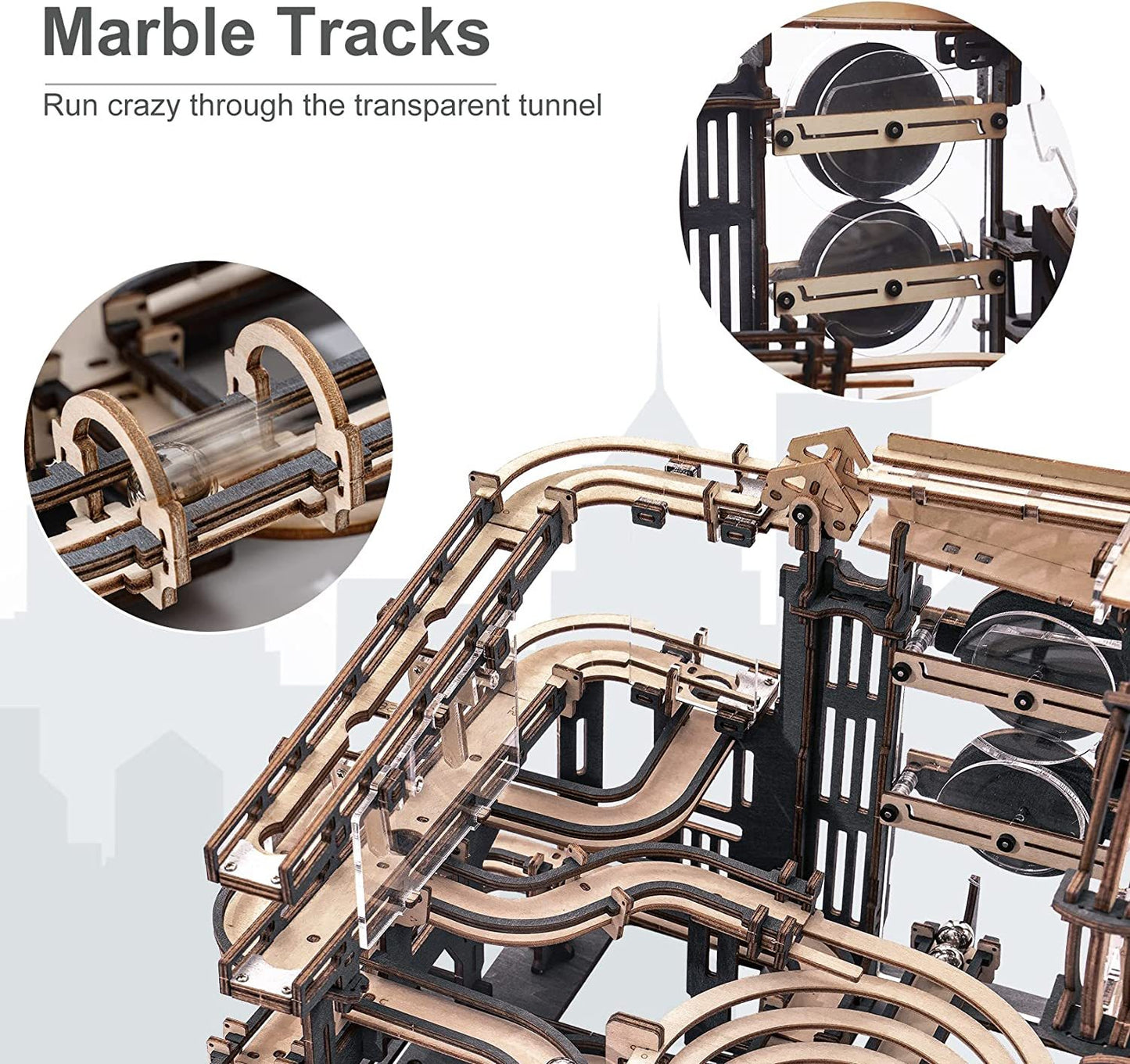 Robotime ROKR Marble Night City 3D-Holzpuzzle-Spiele Montage Wasserradmodell Spielzeug für Kinder