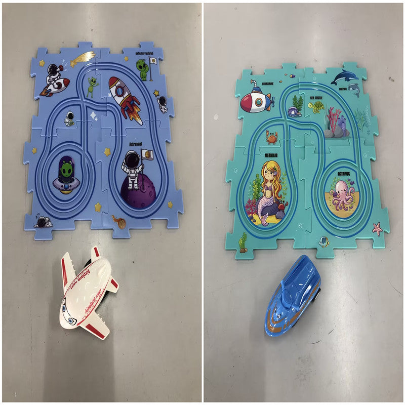 Kinder Puzzle Elektrische Eisenbahn Speeder DIY Montage Elektrische Auto Automatische Schiene Stadt Szene Bau Bildung Spielzeug Geschenk