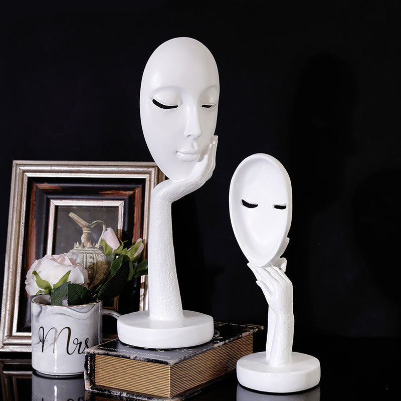 Figurine de masque de femme pensante d'art abstrait nordique Statue en résine Meuble TV de bureau Décoration de maison Artisanat