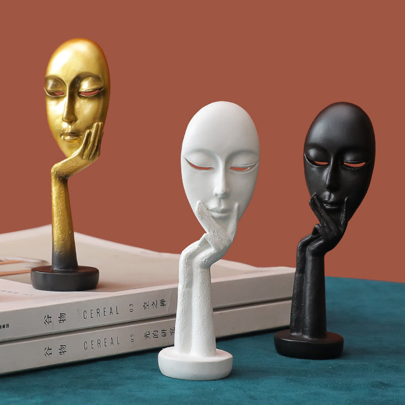 Figurine de masque de femme pensante d'art abstrait nordique Statue en résine Meuble TV de bureau Décoration de maison Artisanat